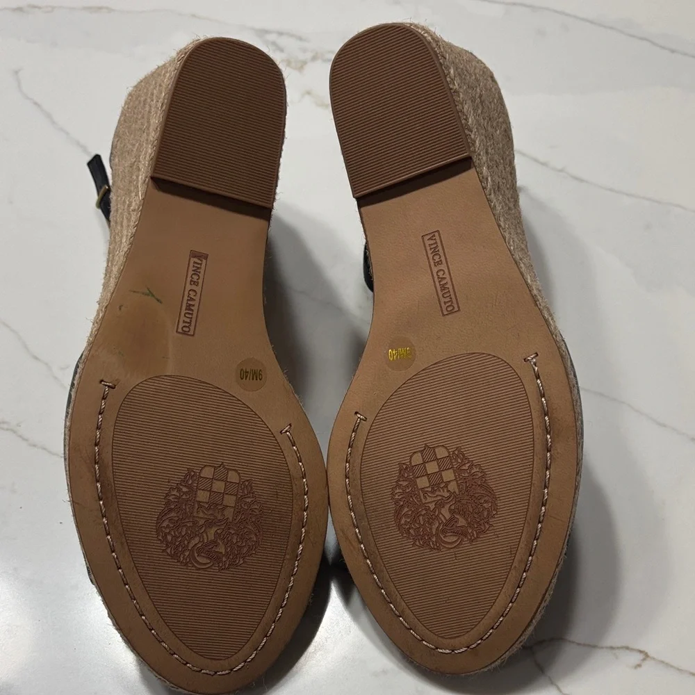 Vince Black Leather Wedge Espadrilles